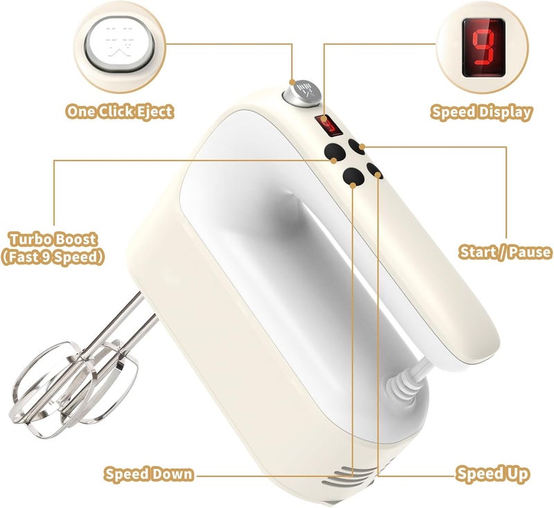 Yomelo 9-Speed Digital Hand Mixer Electric, 400W Powerful DC Motor, Hand Mixer Electric Handheld with Snap-On Storage Case, 5 Stainless Steel Accessories, Beaters, Dough Hooks, Whisk(Cream White) - Image 2